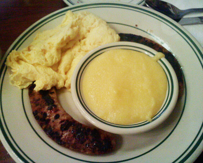 Scrambled eggs, polenta, and chicken apple sausage. Notice the glaring absence of toast.