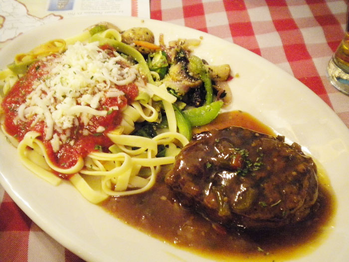 Pepper steak with pasta primavera, Rocco's, Colorado Springs. Pepper steak with pasta primavera, Rocco's, Colorado Springs.